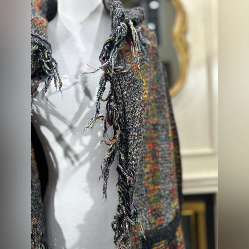 Esqualo Multicolor Knit Fringe Open Front Cardigan Sweater‎ Pockets M - Picture 2 of 12
